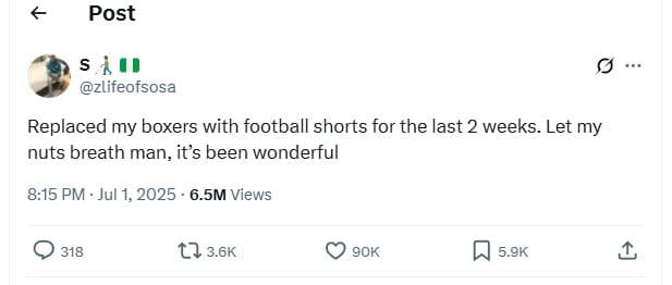 Post zlifeofsosa replaced my boxers with football shorts for the last 2 weeks. l