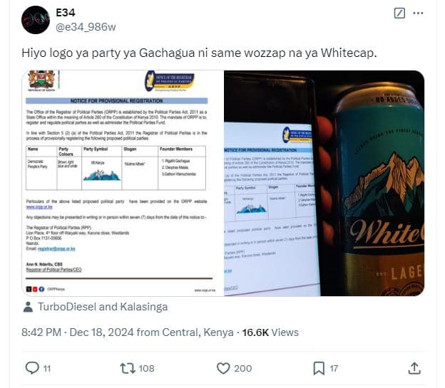 E34 e34_986w hiyo logo 7 ya party ya gachagua ni same wozzap na ya whitecap vane