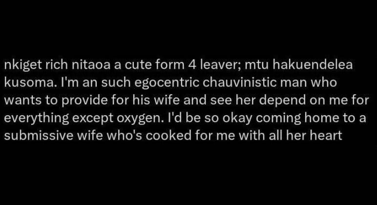 Nkiget rich nitaoa a cute form 4 leaver mtu hakuendelea kusoma. i'm an such egoc