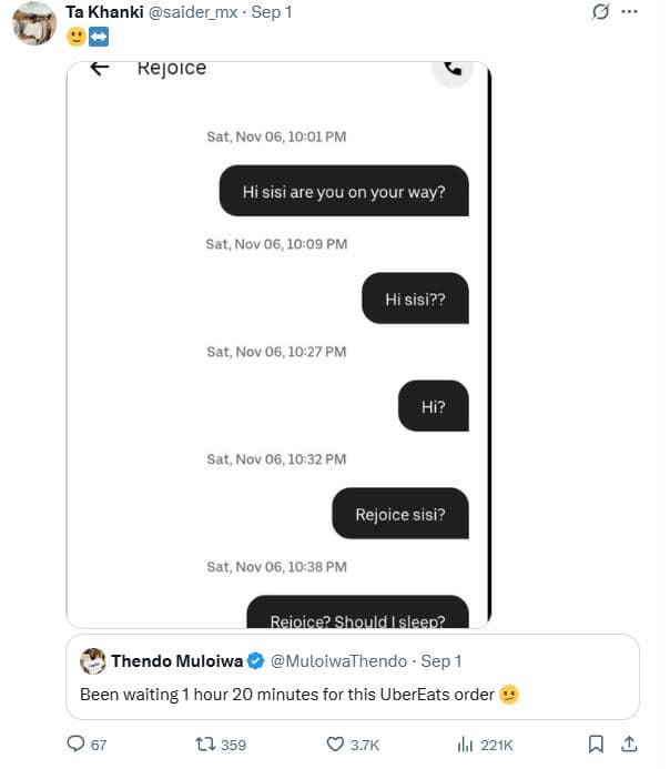 Ta khanki saider_mx sep rejoice sat nov 01 pm hi sisi are you on your way? sat n