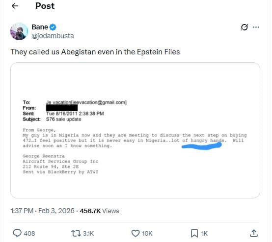 Post bane iodambusta they called us abegistan even in the epstein files vacation