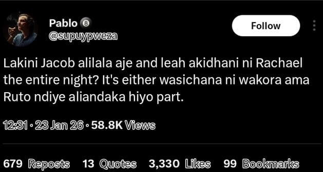 Pablo supuypweza follow lakini jacob alilala aje and leah akidhani ni rachael th