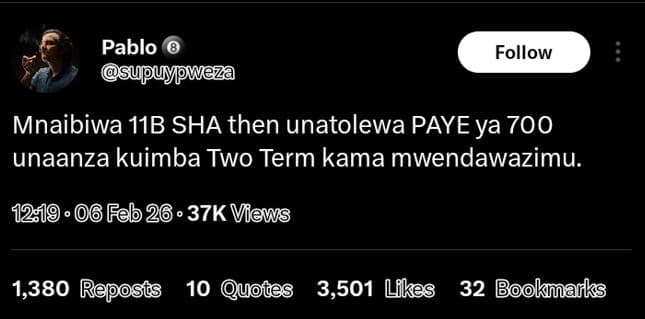 Pablo supuypweza follow mnaibiwa 11b sha then unatolewa paye ya 700 unaanza kuim