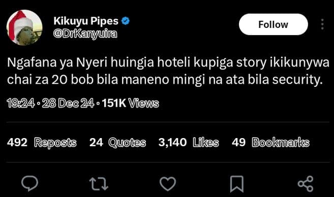 Kikuyu pipes 'dukanyuima follow ngafana ya nyeri huingia hoteli kupiga story iki