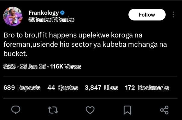 Frankology fliankoliftanko follow bro to bro,if it happens upelekwe koroga na fo