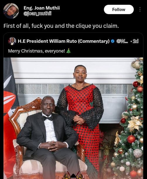 Eng. joan muthii joan muudhi follow first of all, fuck you and the clique you cl