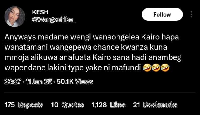 Kesh wangechike _ follow anyways madame wengi wanaongelea kairo hapa wanatamani