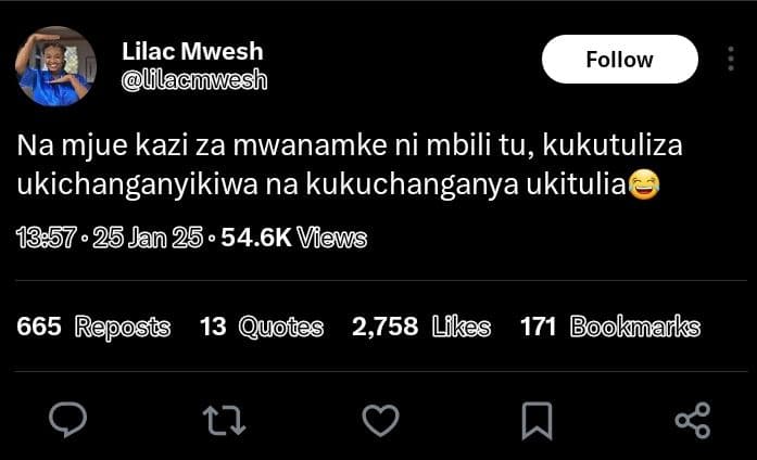 Lilac mwesh ulacmwesh follow na mjue kazi za mwanamke ni mbili tu, kukutuliza uk