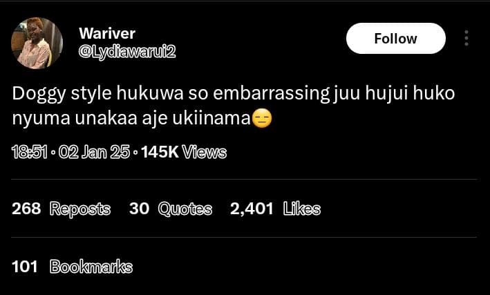 Wariver lydiawarui2 follow doggy style hukuwa so embarrassing juu hujui huko nyu