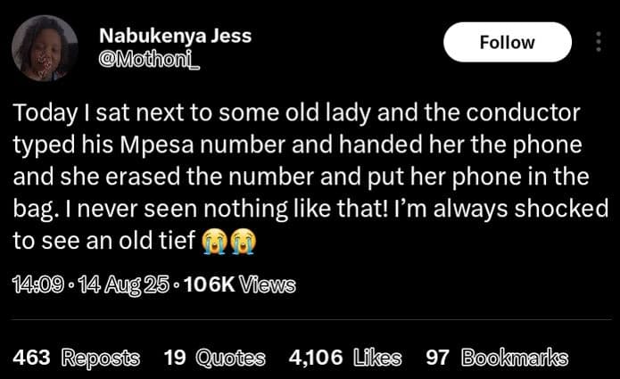 Nabukenya jess modhoni follow today isat next to some old lady and the conductor