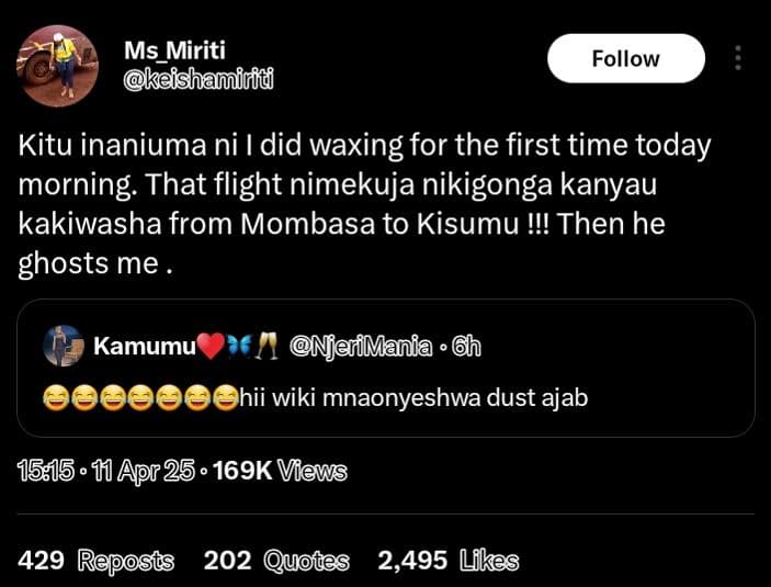 Ms_miriti keishamilid follow kitu inaniuma ni i did waxing for the first time to