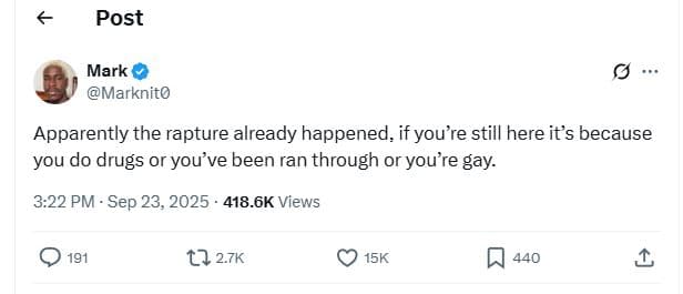 Post mark marknito apparently the rapture already happened, if you're still here