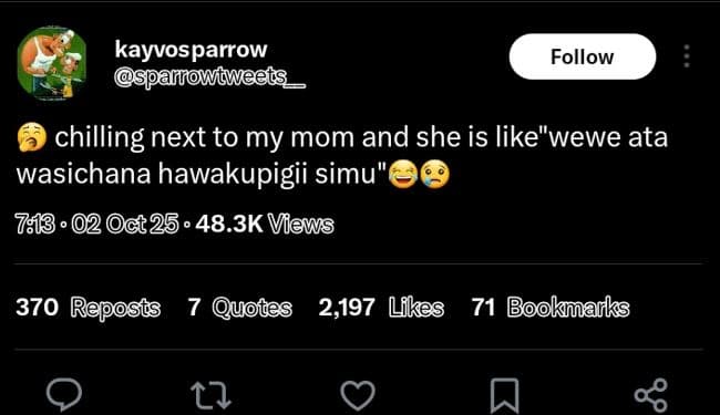 Kayvosparrow palrowdweets follow chilling next to my mom and she is likewewe ata