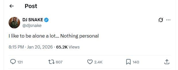 Post dj snake djsnake like to be alone a lot_ nothing personal 8.15 pm jan 20, 6