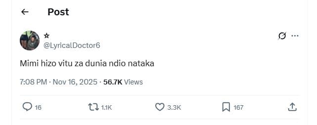 Post lyricaldoctor6 mimi hizo vitu za dunia ndio nataka 7.08 pm nov 16, 56.7k vi