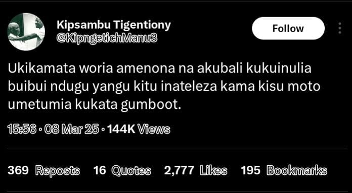 Kipsambu tigentiony kipngedichmanus follow ukikamata woria amenona na akubali ku