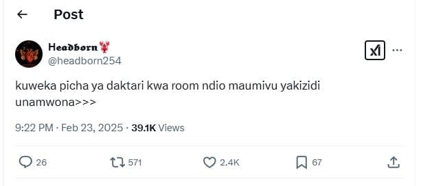Post heabborn headborn254 kuweka picha ya daktari kwa room ndio maumivu yakizidi