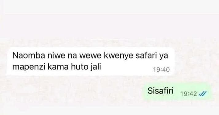 Naomba niwe na wewe kwenye safari ya mapenzi kama huto jali 19.40 sisafiri 19.42