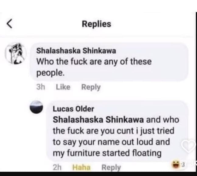 Replies shalashaska shinkawa who the fuck are any of these people. 3h like reply