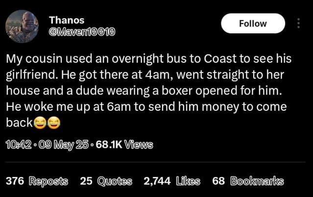 Thanos mavanl010 follow my cousin used an overnight bus to coast to see his girl