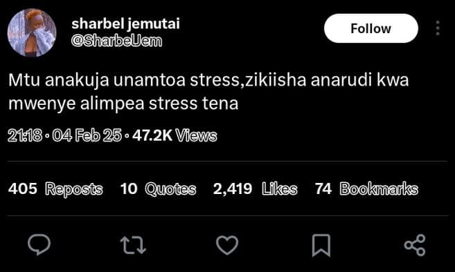 Sharbel jemutai sharbelem follow mtu anakuja unamtoa stress,zikiisha anarudi kwa