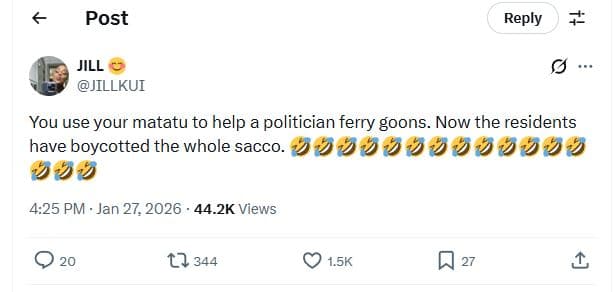Post reply jill jillkui you use your matatu to help a politician ferry goons. no
