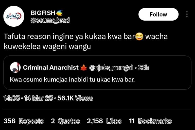 296ui5 bigfish osumoblad follow tafuta reason ingine ya kukaa kwa bar wacha kuwe