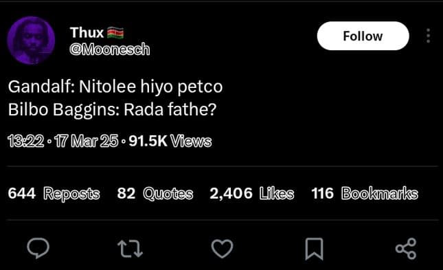 Thux moonesch follow gandalf nitolee hiyo petco bilbo baggins rada fathe? 17 mar