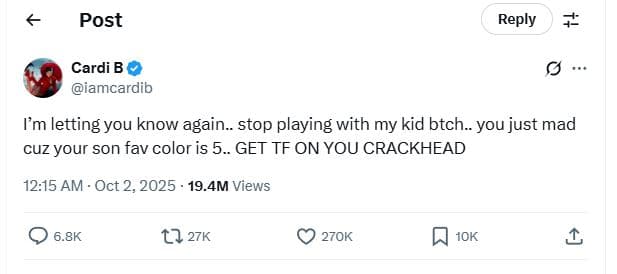 Post reply cardi b iamcardib pm letting you know again stop playing with my kid