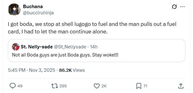 Buchana bucciruhinja got boda, we stop at shell lugogo to fuel and the man pulls