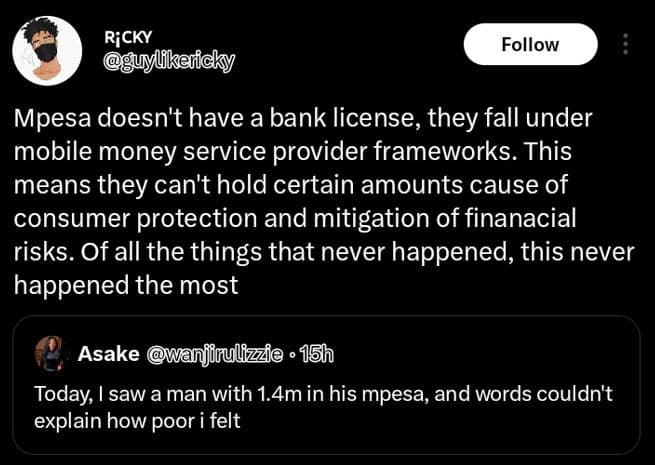 Ricky guylfkaricky follow mpesa doesn't have a bank license they fall under mobi