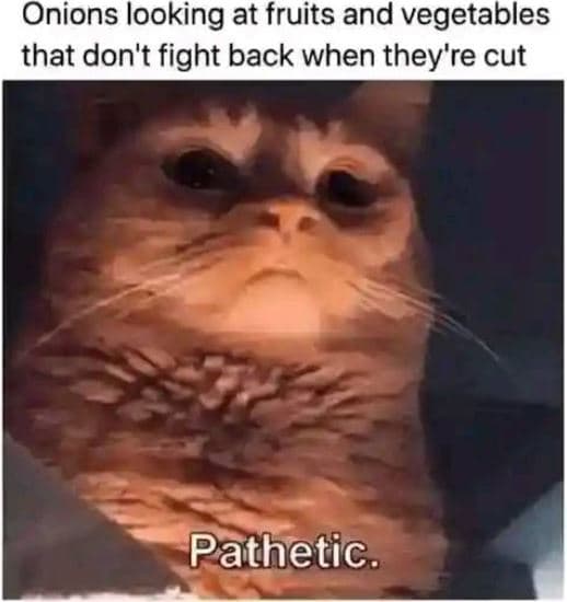 Onions looking at fruits and vegetables that don't fight back when they're cut p