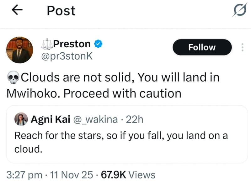 Post preston pr3stonk follow clouds are not solid, you will land in mwihoko. pro