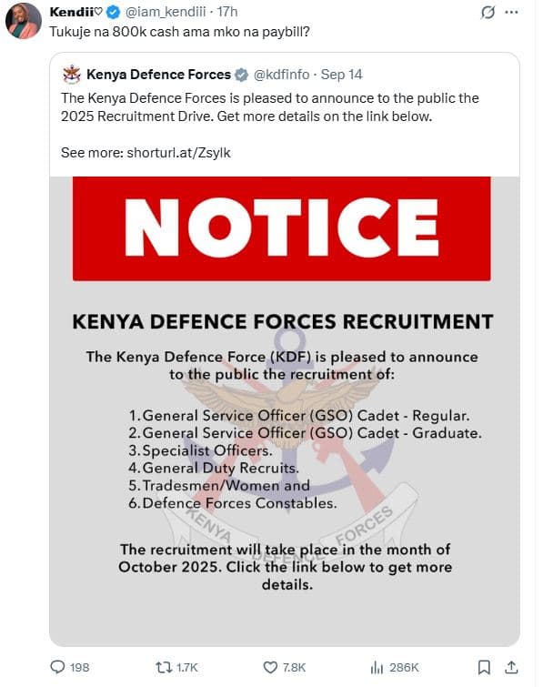 Kendiiv iam_kendiii 17h tukuje na 8ook cash ama mko na paybill? kenya defence fo