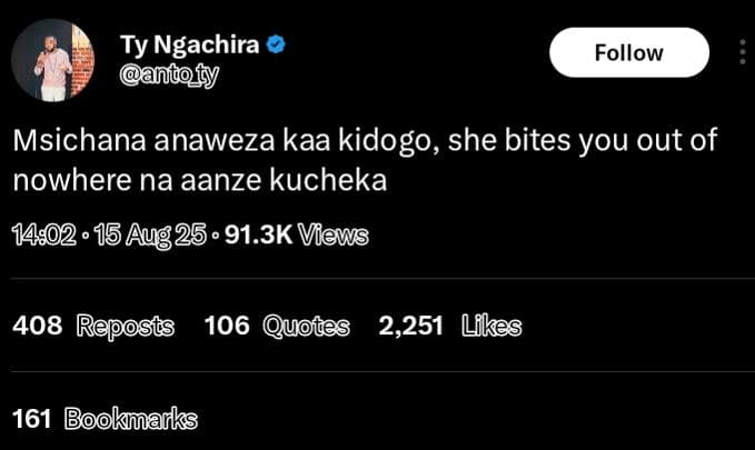 Ty ngachira anidofy follow msichana anaweza kaa kidogo she bites you out of nowh