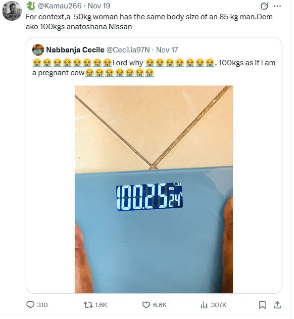 Kamau266 nov 19 for context,a 5okg woman has the same body size of an 85 kg man