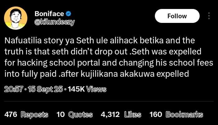 Boniface kilundeezy follow nafuatilia story ya seth ule alihack betika and the t