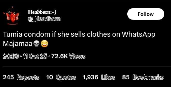 Heabborn headbomn follow tumia condom if she sells clothes on whatsapp majamaa 1