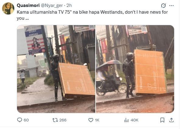 Quasimori nyar_ger kama ulitumanisha tv 75 na bike hapa westlands, don't have ne