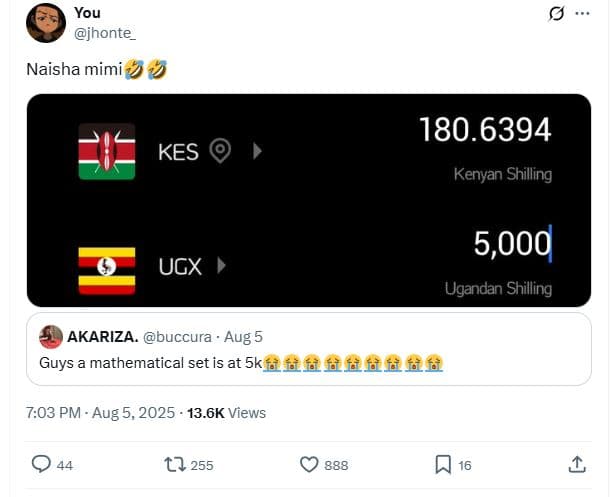 You jhonte naisha mimi 180. kenyan shilling kes 5,000 ugandan shilling ugx akari