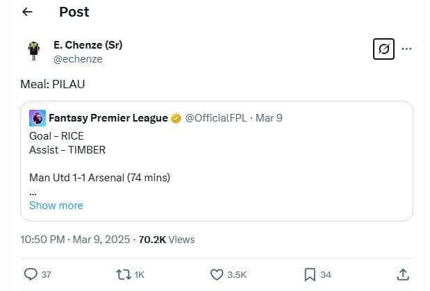 Post e. chenze sr echenze meal pilau fantasy premier league officialfpl mar 9 go