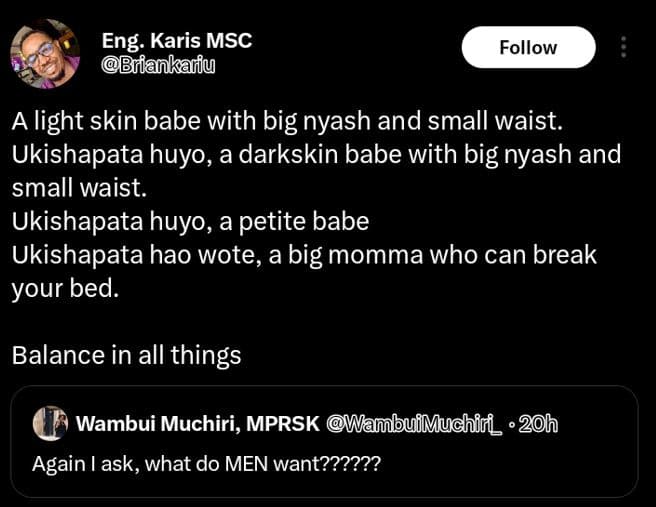 Eng. karis msc briankariu follow a light skin babe with big nyash and small wais