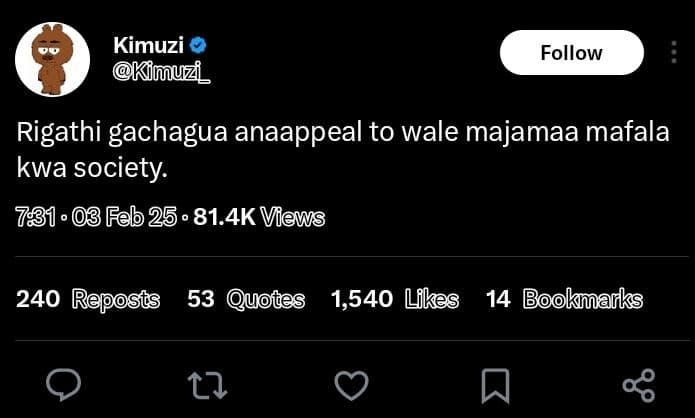 Kimuzi kimuzz_ follow rigathi gachagua anaappeal to wale majamaa mafala kwa soci