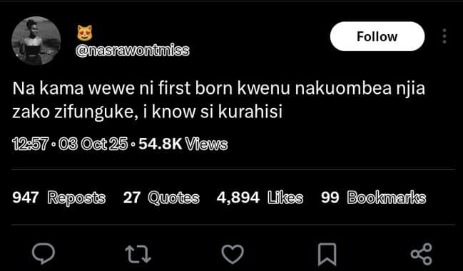 Follow nasrawonumiss na kama wewe ni first born kwenu nakuombea njia zako zifung