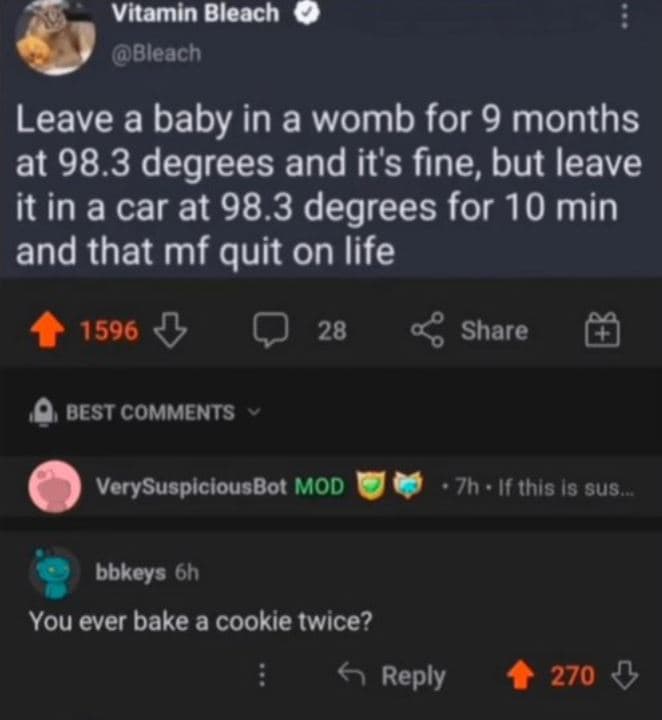 Vitamin bleach bleach leave a baby in a womb for 9 months at 98.3 degrees and it