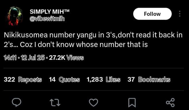 Simply mihtm vibewiduih follow nikikusomea number yangu in 3's,don't read it bac