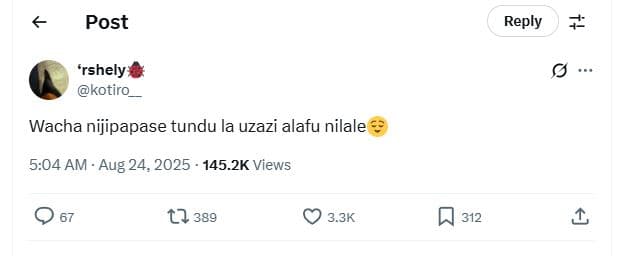 Post reply 'rshely kotiro wacha nijipapase tundu la uzazi alafu nilale 5.04 am a