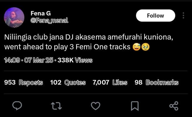 Fena g fenamenal follow niliingia club jana dj akasema amefurahi kuniona went ah
