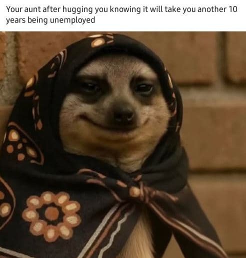 Your aunt after hugging you knowing it will take you another 10 years being unem