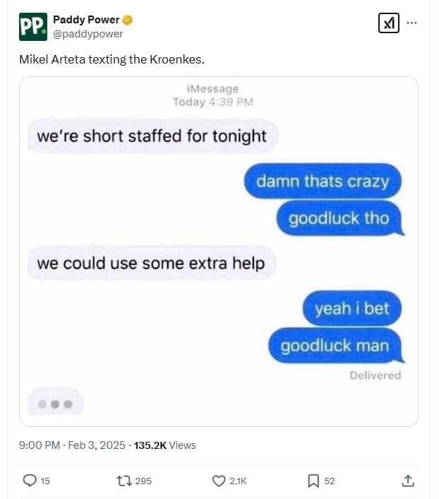 Pp. paddy power paddypower mikel arteta texting the kroenkes. imessage today 4 3